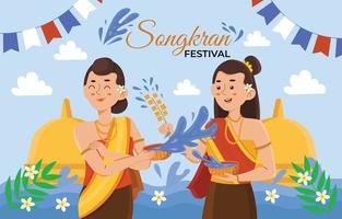 två kvinnor firar songkran festival vektor