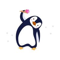 süßer Pinguin, der versucht, Eis zu essen, isoliert auf weißem Hintergrund. flache Vektorgrafik vektor