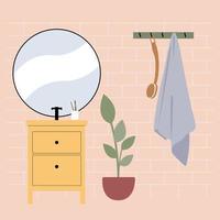 snygg badrumsinredning med rosa kakel, gult underdel, handfat och rund spegel. blå handduk i badrummet på en galge. vektor