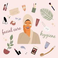 Fröhliche Afrikanerin in beigem Gewand beschäftigt sich mit der täglichen kosmetischen Routine. Damenkosmetik für das Make-up. Vektor-Illustration. vektor