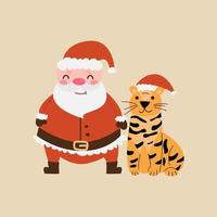 Vektorgrafik mit einer Zeichentrickfigur des Weihnachtsmanns, in deren Nähe ein Tiger in einem roten Hut des neuen Jahres sitzt. Jahr des Tigers und frohe Weihnachten vektor