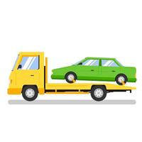 gul bärgningsbil med bil. dragbil levererar den trasiga bilen. sidovy. isolerat vektor