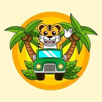 Super lustiges Tigerjunges, das Auto fährt und Hand auf den Dschungel für eine Lagerillustration winkt vektor