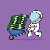süßer Astronaut, der Warenkorb Geld Cartoon Vektor Icon Illustration drückt. Wissenschaft Finanzen Symbol Konzept isoliert Premium-Vektor. flacher Cartoon-Stil