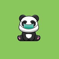 söt panda sitter och bär mask tecknad vektor ikonillustration. djurhälsovård ikon koncept isolerade premium vektor. platt tecknad stil