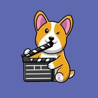 süßer Corgi-Hund, der Clapper Board Cartoon-Vektor-Symbol-Illustration hält. Tierunterhaltung Symbol Konzept isoliert Premium-Vektor. flacher Cartoon-Stil