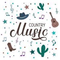 countrymusik bokstäver med hatt, cowboystövlar, noter och gitarr. akustisk gitarr musikalisk show typografi affisch. lätt att redigera vektormall för banner, skylt, logotyp, flygbladsdesign, inbjudan. vektor