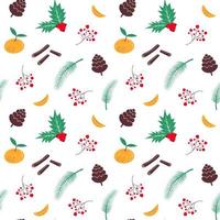 Winternahtloses Muster mit Kegel, Beere, Stechpalme, Zweig, Mandarine und Zimt. vektor
