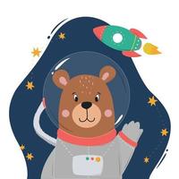süße Illustration eines Teddybären und einer Rakete im Weltraum. gut für Kinderzimmerdekoration, Poster, Karten, Drucke, Aufkleber, Kinderbekleidung usw. eps 10 vektor