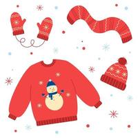 set med röd vintermössa, vantar, halsduk och tröja. samling av vinterkläder och accessoarer. doodle stil. vektor