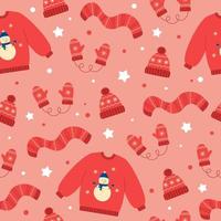 nahtloses Muster aus rotem Winterhut, Handschuhen, Schal und Pullover. Winterelemente auf rosa Hintergrund. Gekritzel-Stil vektor