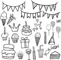grattis på födelsedagsfesten, firande handritad linje doodles samling vektor