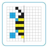 bild reflektion pedagogiskt spel för barn. lära dig att fylla i symmetriarbetsblad för förskoleverksamhet. målarbilder, visuell perception och pixelkonst. avsluta honungsbiet insekt. vektor