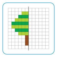 Bildreflexion Lernspiel für Kinder. lernen, Symmetrie-Arbeitsblätter für Vorschulaktivitäten auszufüllen. Ausmalen von Rasterseiten, visuelle Wahrnehmung und Pixelkunst. vervollständigen Sie das grüne Baumbild. vektor