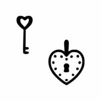 Herzschloss und Schlüssel. Vektor-Doodle-Symbol. Elementdesign der Valentinstagskarte. vektor