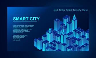 Smart City im futuristischen Stil. isometrische Smart City-Darstellung. intelligente Gebäude. Businesscenter mit Wolkenkratzern und intelligenten Gebäuden vektor