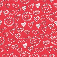 handgezeichnete Doodle weißen Umriss Herzen nahtlose Muster auf rotem Grund. Vektor-Illustration vektor
