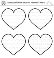 vektor saint valentine handskrift praxis kalkylblad. februari utskrivbar svartvit aktivitet för förskolebarn. pedagogiskt spårningsspel för skrivfärdigheter. dekorera alla hjärtans hjärtan