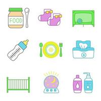 barnomsorg färg ikoner set. barnmat, strumpor, lekhage, nappflaska, disk, våtservetter, spjälsäng, nattlampa, schampo och tvål. isolerade vektorillustrationer vektor