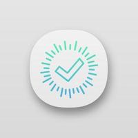 Häkchen-App-Symbol. erfolgreich getestet. Häkchen setzen. Qualitätskontrolle. ui ux-Schnittstelle. genehmigt. Verifizierung und Validierung. Qualitätsabzeichen. Web- oder mobile Anwendung. isolierte Vektorgrafik vektor