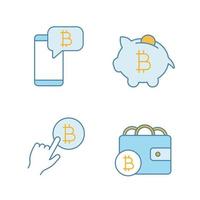 bitcoin cryptocurrency färgikoner set. bitcoin chat, spargris, kryptovaluta betalningsklick, digital plånbok. isolerade vektorillustrationer vektor