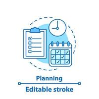 Planungskonzept-Symbol. Zeitplan. Planen Sie Idee dünne Linie Abbildung. Kalender, Uhr, Checkliste. Zeiteinteilung. Vektor isolierte Umrisszeichnung. bearbeitbarer Strich