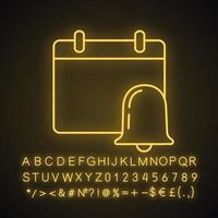 Symbol für Neonlicht für Ereignisbenachrichtigungen. Kalender mit Glocke. Erinnerungsalarm. leuchtendes Schild mit Alphabet, Zahlen und Symbolen. isolierte Vektorgrafik vektor