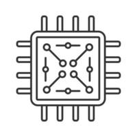 Prozessor mit linearem Symbol für elektronische Schaltungen. Mikroprozessor mit Mikroschaltungen. Chip, Mikrochip, Chipsatz. Zentralprozessor. dünne Linie Abbildung. Integrierter Schaltkreis. Vektor isolierte Zeichnung. bearbeitbarer Strich