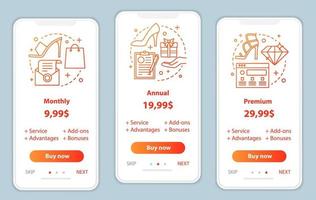 stylisttjänster priser onboarding mobilapp skärmar mall. genomgångswebbsidor. shoppingrabatter. tariffplaner steg. webbsidelayout för smartphone betalning vektor