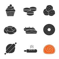 Bäckerei-Glyphe-Symbole gesetzt. Cupcake, Macarons, Schokoladenstückchen, Gebäckbrot, Eclair, Bagel, Nudelholz, französischer Hot Dog, Schweizer Brötchen. Silhouette-Symbole. isolierte Vektorgrafik vektor