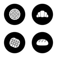 Bäckerei-Glyphe-Symbole gesetzt. Kuchen, Croissant, belgische Waffel, rundes Brot. Vektorgrafiken von weißen Silhouetten in schwarzen Kreisen vektor