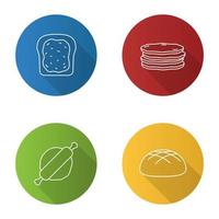 bageri platt linjär lång skugga ikoner set. rostat bröd med sylt, pannkaksstapel, kavel och deg, rågbrödslimpa. vektor kontur illustration