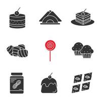 Süßwaren-Glyphe-Symbole gesetzt. Silhouette-Symbole. Tiramisu, Kuchen, Servietten, Marshmallow, Lutscher, Cupcakes, Erdnussbutter, Panna Cotta, Baklava. isolierte Vektorgrafik vektor