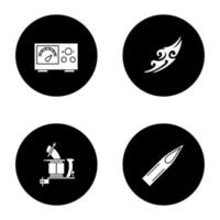 tatuering studio glyf ikoner set. piercingtjänst. strömförsörjning, tatueringsmaskin, skiss, bläcknålsspets. vektor vita silhuetter illustrationer i svarta cirklar