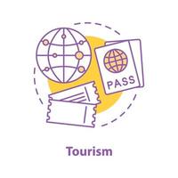Symbol für Tourismuskonzept. Reiseplanung Idee dünne Linie Illustration. internationaler Pass, Tickets, Flugziel. Vektor isolierte Umrisszeichnung