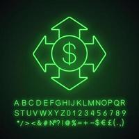 Symbol für Geldausgaben von Neonlicht. Weiten. US-Dollar mit allen Richtungspfeilen. leuchtendes Schild mit Alphabet, Zahlen und Symbolen. isolierte Vektorgrafik vektor