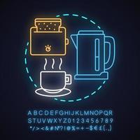 Symbol für das Konzept des Neonlicht-Konzepts für Küchenelektronik. Kochgeräte Idee. Wasserkocher, Toaster und Teetasse. leuchtendes Schild mit Alphabet, Zahlen und Symbolen. isolierte Vektorgrafik vektor