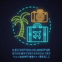 Symbol für das Konzept des Reisebüros für Neonlicht. Sommerruhe Idee. Urlaub. Seebad. leuchtendes Schild mit Alphabet, Zahlen und Symbolen. isolierte Vektorgrafik vektor