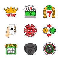 kasino färg ikoner set. vinnarkrona, kasino för riktiga pengar, onlinepoker, byte av spelmarker, övervakningskamera, doubledown, bingo, roulette, lucky seven. isolerade vektorillustrationer