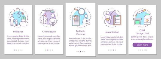 Pädiatrie Onboarding mobiler App-Seitenbildschirm mit linearen Konzepten. Kinderkrankheit, Vorsorgeuntersuchung, Impfung, Dosierungstabelle Walkthrough Schritte grafische Anleitung. ux, ui, gui-Vektorvorlage mit Symbolen vektor