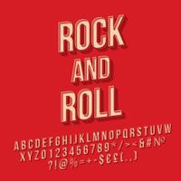 Rock and Roll Vintage 3D-Vektor-Schriftzug. Retro-fette Schriftart. Stilisierter Text der Pop-Art. Buchstaben, Zahlen, Symbole im alten Schulstil. 90er Jahre Poster, Banner, T-Shirt-Typografie-Design. roter farbhintergrund vektor