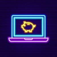 Neon-Laptop mit Sparschwein-Zeichen vektor