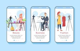 Vlogging-Onboarding-Bildschirmvektorvorlage für mobile Apps. Beauty-, Business- und Modeblogs. Influencer-Marketing. Walkthrough-Website-Schritte mit flachen Zeichen. ux, ui, gui Smartphone-Cartoon-Schnittstelle vektor