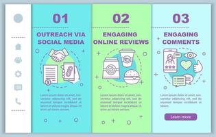 Online-Pr-Onboarding-Vektorvorlage für mobile Webseiten. smm, digitales Marketing. Responsive Smartphone-Website-Schnittstellenidee mit linearen Illustrationen. Schrittbildschirme für die Schritt-für-Schritt-Anleitung für Webseiten. Farbkonzept vektor