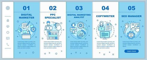 digitale Marketingspezialitäten beim Onboarding mobiler Webseiten Vektorvorlage. Responsive Smartphone-Website-Schnittstellenidee mit linearen Illustrationen. Schrittbildschirme für die Schritt-für-Schritt-Anleitung für Webseiten. Farbkonzept vektor