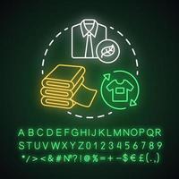 Zero-Waste-Kleidung, Recycling und Wiederverwendung von Neonlicht-Konzeptsymbol für Kleidung. Abfallwirtschaft, Idee des ökologischen Lebensstils. leuchtendes Schild mit Alphabet, Zahlen und Symbolen. isolierte Vektorgrafik vektor