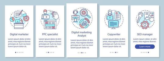 Digitale Marketingspezialitäten Onboarding mobiler App-Seitenbildschirm mit linearen Konzepten. Texter, SEO Manager Walkthrough Schritte grafische Anweisungen. ux, ui, gui Vektorvorlage mit Illustrationen vektor