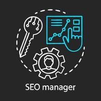 seo manager krita koncept ikon. specialidé för digital marknadsföring. sökmotoroptimering. SEO-strategi, webbplatsinnehåll. webbplatstrafiken ökar. vektor isolerade svarta tavlan illustration