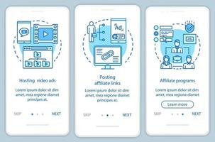 Affiliate-Marketing blaue Onboarding-Seite für Bildschirmvektorvorlage für mobile App. Schritt für Schritt zur Affiliate-Werbung mit linearen Illustrationen. ux, ui, gui Smartphone-Schnittstellenkonzept vektor