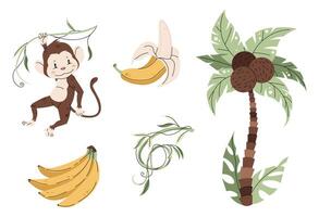 einstellen von afrikanisch Tiere und Pflanzen auf Weiß Hintergrund. Illustration von Affe, Palme Baum und Banane im eben Karikatur Stil. Urwald Sammlung. Clip Art zum Kleidung, Stoff, Gruß Karte, Aufkleber vektor